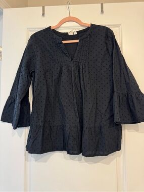 Swiss Dot Peasant Blouse in Black with Ruffle Sleeves